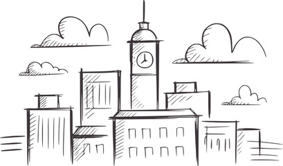 Minimalist black and pen of cityscape with clock tower buildings skyline