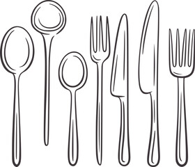 Minimalist black and style kitchen utensils line spoons ladle fork knife