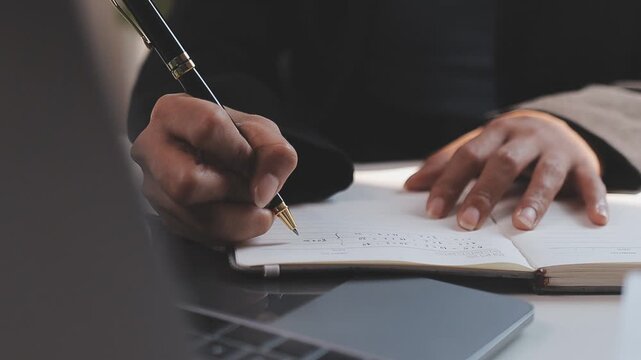 Elearning. Close up of smiling young female remote student watch training lecture on laptop pc take notes at paper workbook by hand. Millennial lady get distant education write thesis of online lesson