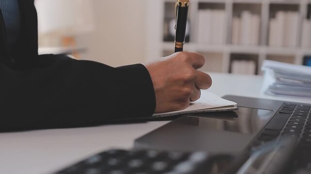 Elearning. Close up of smiling young female remote student watch training lecture on laptop pc take notes at paper workbook by hand. Millennial lady get distant education write thesis of online lesson