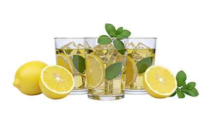 Fototapeta premium Three glasses of iced lemon tea with fresh lemons and mint leaves