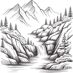 Pen and ink of serene mountain landscape with waterfall and pine trees mountains