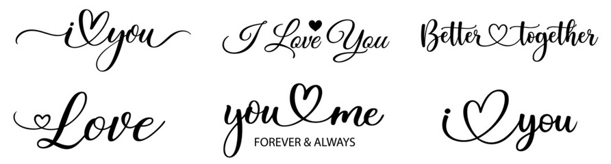 Fototapeta premium Love quotes calligraphy set for Valentine’s Day, handwritten romantic typography lettering with love phrases for February greeting cards, wedding invitations and celebrations