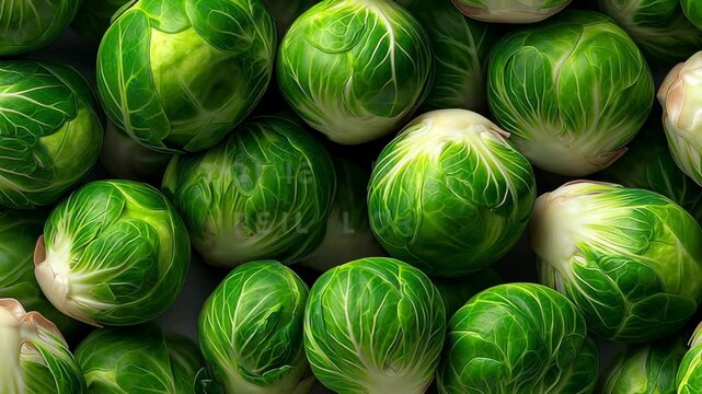 Fresh green Brussels sprouts arranged closely together, showcasing their vibrant color and texture, with visible layers and patterns, creating a rich visual display of healthy vegetables in a natural