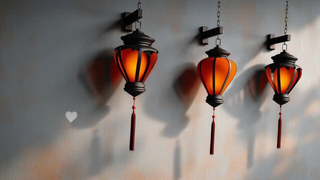 Three decorative orange lanterns with black accents hang from wall brackets, casting shadows on a textured wall, with heart shapes appearing in the background as the scene progresses