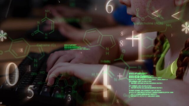 Animation of data processing over woman making tea