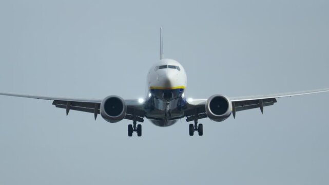 Commercial passenger aircraft landing at international airport runway