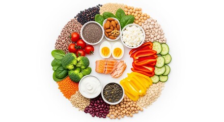 Obraz premium Vibrant Flat Lay Healthy Eating Arrangement, Displaying a Protein Power Plate With Essential Foods