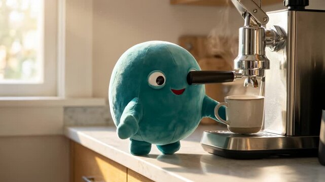 A plush character with a round body uses a coffee machine to prepare coffee in a kitchen. Sunlight enters through the window as morning begins with joyful energy
