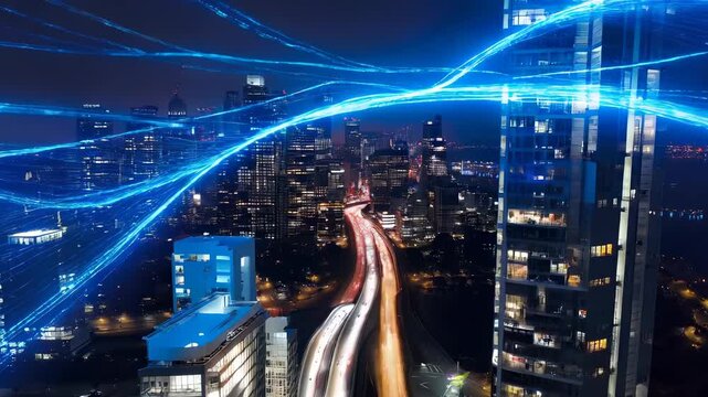 Futuristic Cityscape with Digital Light Trails at Night