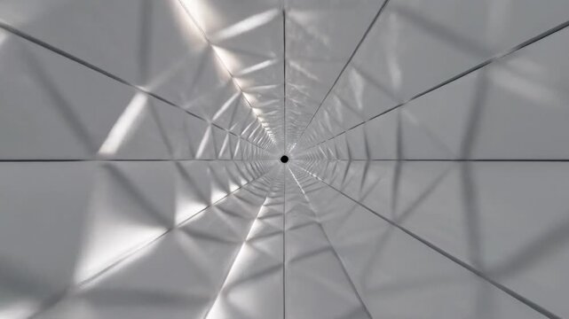 Rapid travel shot through an infinite futuristic polygon tunnel created from interlocking white triangular shapes with soft ambient internal illumination technology, polygonal, visualization