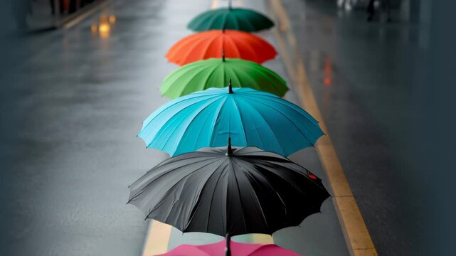Colorful umbrellas in a row on a wet street, showcasing a vibrant gradient from yellow to green, with reflections on the pavement and blurred pedestrians in the background