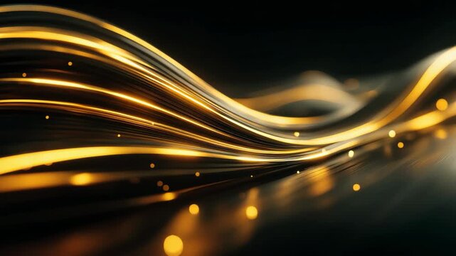 Metallic gold threads gently flow across a deep black background, creating an elegant and refined abstract scene. The soft movement and subtle glow of the golden lines convey luxury, calm energy,