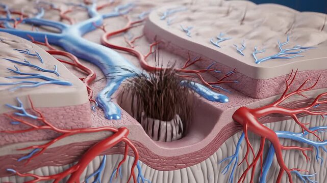 Microscopic view of hair follicle and sebaceous gland in human skin cross-section