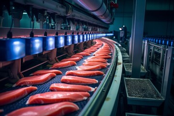 Fototapeta premium Salmon fillets traveling along an automated conveyor belt in a large seafood processing factory