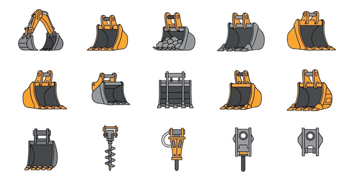 Construction equipment attachments collection on black background