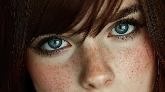 close up deep blue eyes of a Caucasian woman with brunette hair looking at camera 