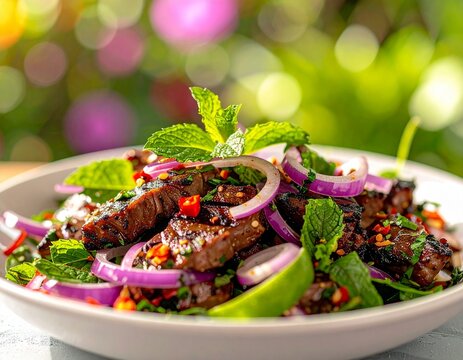 Authentic Thai larb beef salad featuring spicy grilled beef, fresh mint leaves, red onion slices, chili flakes, and lime wedges, served on a white plate with vibrant natural bokeh background.