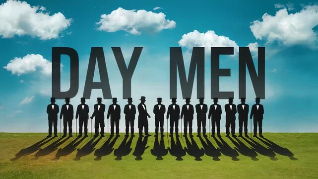 Silhouettes of men with top hats and canes stand under "day men" text on a grassy field with clouds for a men's celebration animation.
