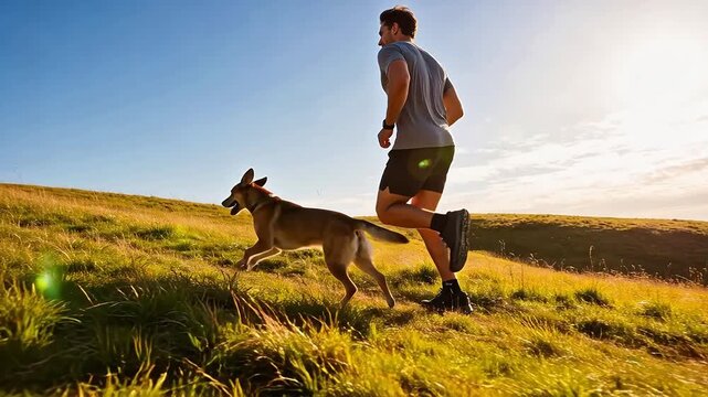 Man running with a dog across a grassy hill under a clear blue sky
