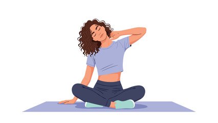 Fototapeta premium Young woman sitting cross legged on a yoga mat while gently stretching her neck during a fitness or wellness routine at home.