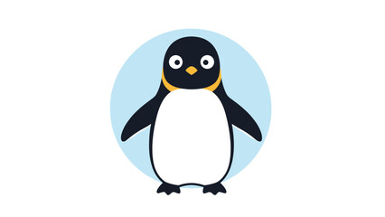 Obraz premium Simple illustration of a cute penguin standing in front of a light blue circular background for winter or polar themed designs.