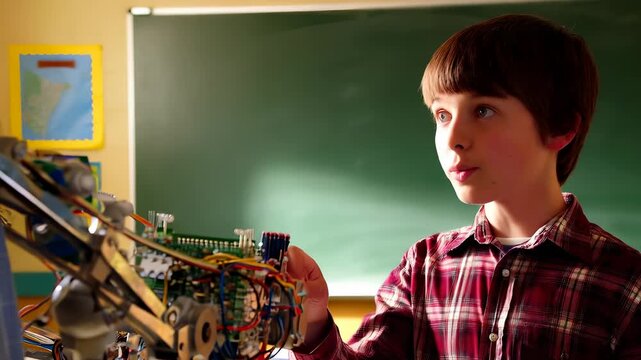Boy Working on Robotics Project in Classroom