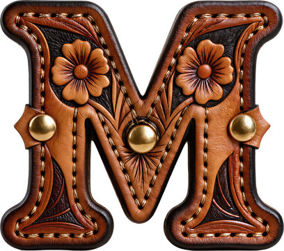 Leather alphabet western letter M with embossed floral pattern and metal rivet detail on transparency background decorative ornate design