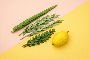Sukkot's Symbols: The essential items used in the holiday Sukkot, a vibrant arrangement of the etrog (citron), lulav (palm frond), hadass (myrtle), and aravah (willow) against a warm. © Thitiporn