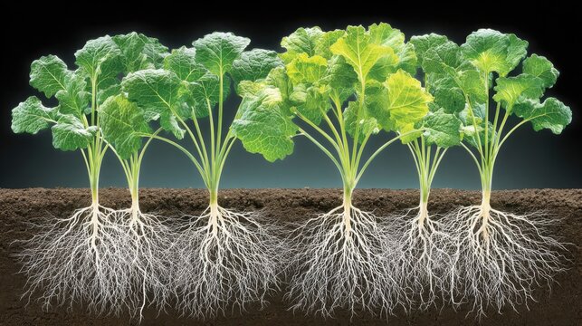 Detailed cross-section showing healthy green plant foliage above and extensive fibrous root systems in rich soil below, illustrating growth and absorption.