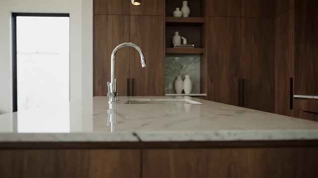 Modern Kitchen Island with Marble Countertop.