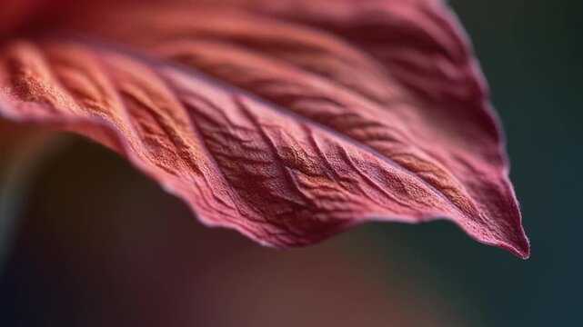 A close-up of a vibrant red leaf showcasing its intricate texture and veins against a blurred dark background
