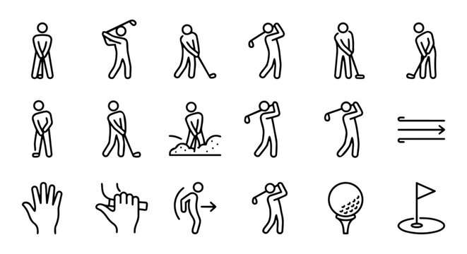 Golf instruction icon set with player swing postures, grip, and course actions.