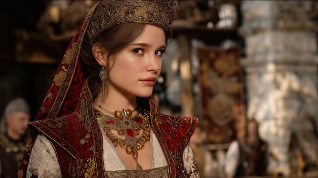A beautiful medieval Persian queen wears an elegant red and gold dress adorned with rich details, complemented by a delicate tiara that reflects royal grace and authority.