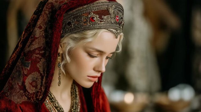 A beautiful medieval Persian queen wears an elegant red and gold dress adorned with rich details, complemented by a delicate tiara that reflects royal grace and authority.