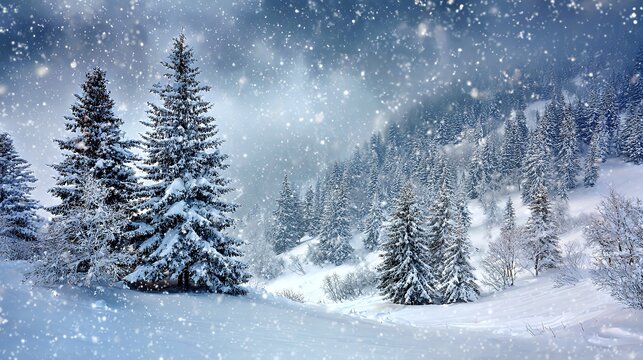 Winter Wonderland: Snow-Covered Pines in a Snowfall Landscape