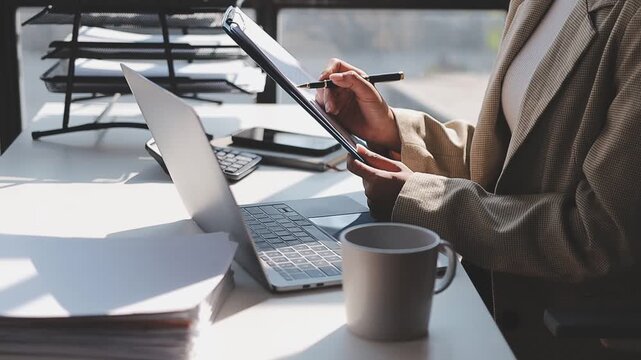 Teamwork, meeting and ideas for solution or decision for business, workplace or company. Group, people and discussion with technology in planning, collaboration for growth in brainstorming or project