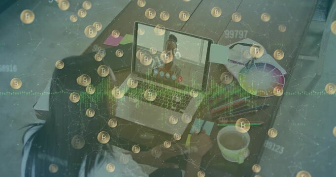 Animation of data processing and globe with icons over hand and multiple clocks