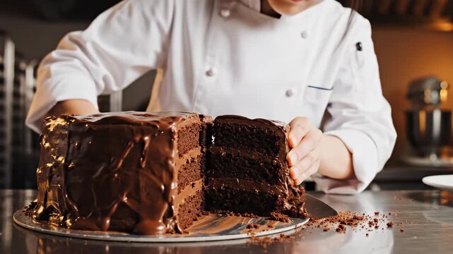 Chef skillfully cuts a delicious chocolate cake in a kitchen setting.