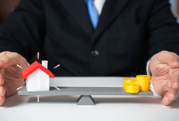 A man appraises the value of a house. Property valuation concept. Real estate assessment process,...