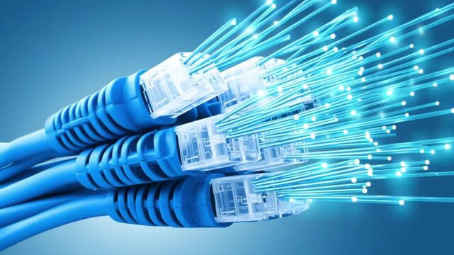 Dynamic Illustration of Network Cables Transmitting Data Flow with Light Effects to Represent Digital Communication and Connectivity in Modern Technology