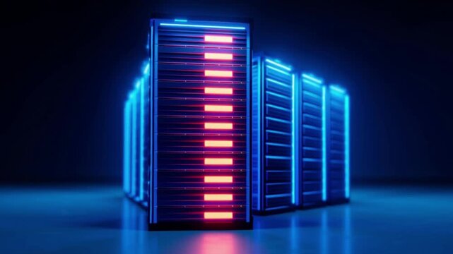 Futuristic Glowing Blue Technology Stack Centered in Dark Environment with Neon Lights Emphasizing Modern Digital Infrastructure