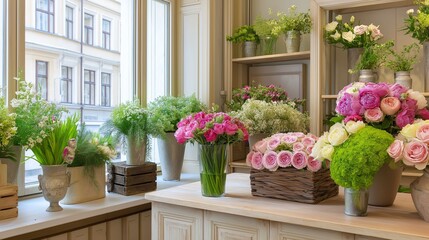 Fototapeta premium A delightful flower shop showcases an array of fresh blooms, featuring vibrant roses, delicate greens, and fragrant herbs. Sunlight spills through large windows, illuminating the beauty