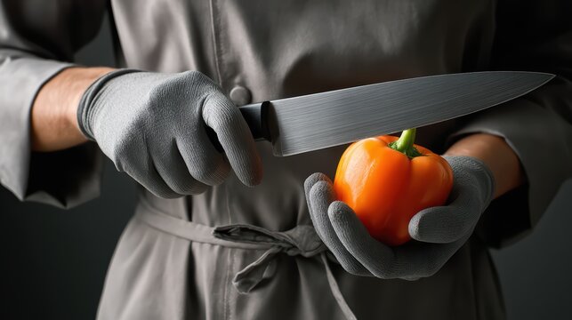 Chef in gray apron preparing fresh bell pepper with sharp knife in professional kitchen setting for culinary arts