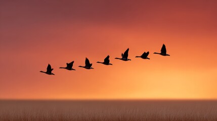 Obraz premium Silhouetted canada geese flying in formation across a vibrant sunset sky over a field, creating a serene and picturesque scene of wildlife in nature