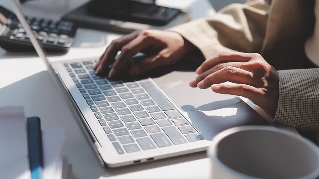 Closeup of the hands of a receptionist typing and sending emails while working in an office alone. One secretary doing admin and writing reports while organizing a schedule for her manager at work