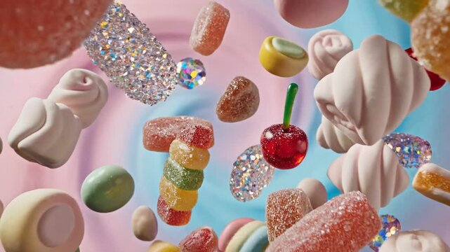 4K animation sweet candies flying against a soft pastel background for a candy brand advertisement.