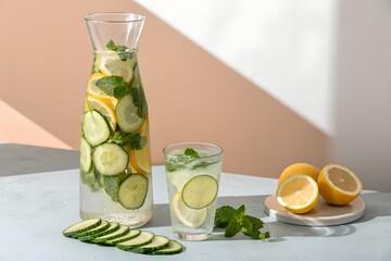 Fototapeta premium Refreshing Infused Water: A vibrant composition showcasing a clear glass pitcher and a tumbler filled with invigorating infused water, accompanied by fresh citrus slices, cucumber, and mint leaves.