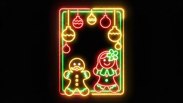 4K animation neon light Christmas frame isolated on a black background for holiday video titles or digital cards.