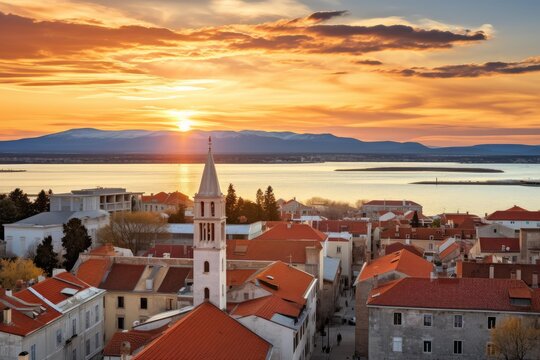 Zadar city with historic architecture, bell tower, and orange sunset over the water and mountains